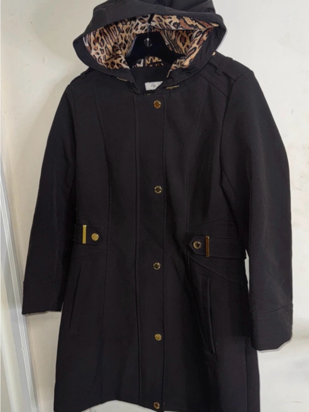 Via Spiga Black Hooded Trench Coat with Leopard-Print Lining